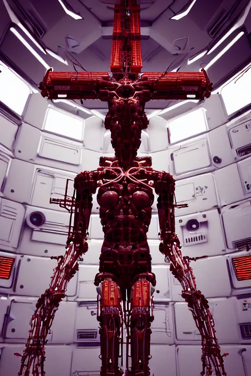 Image similar to , high detailed space station interior, a statue jesus on cross made of red marble, perfect symmetrical body, full body shot, inflateble shapes, wires, tubes, veins, white biomechanical, wearing epic bionic cyborg implants, masterpiece, intricate, biopunk, vogue, highly detailed, artstation, concept art, cyberpunk, octane render