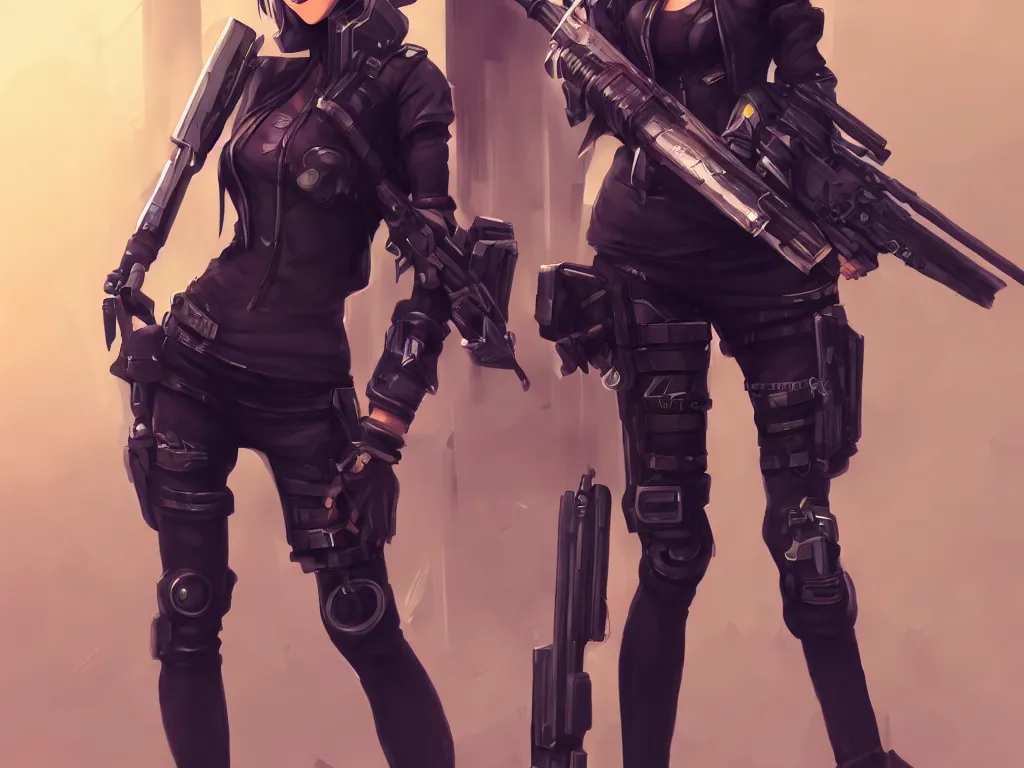 Image similar to fullbody portrait of a beautiful girl dressed in cyberpunk style, standing on street, holding a sniper rifle. by riot games, anime style, masterpiece, award - winning, trending on artstation and pixiv
