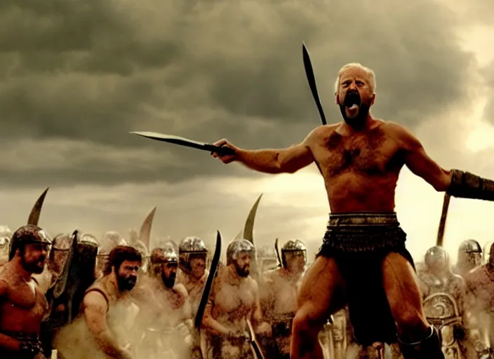 Image similar to film still of joe biden as leonidas shouting in 3 0 0 movie, 8 k, epic moody sky, dramatic lighting