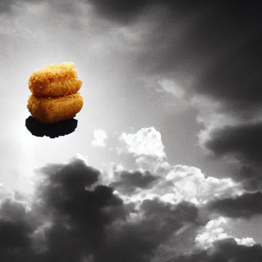 Image similar to happy chicken nugget resting on a cloud, dramatic lighting, high contrast