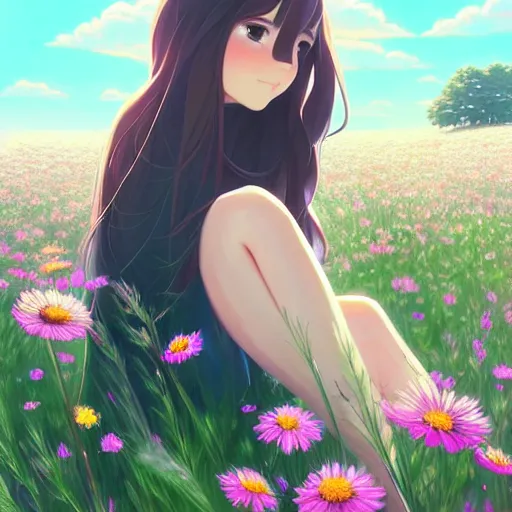 Image similar to a beautiful girl with long dark hair, sitting in a field of flowers, sunny, daytime, sharp focus, intricate, digital painting, artstation, official media, anime key visual, highly detailed, rich vivid colors, ambient lighting, illustration, art by Artgerm, Makoto Shinkai, Ilya Kuvshinov, Lois Van Baarle, and Rossdraws