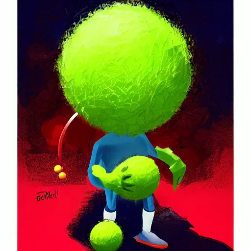 Image similar to a tennis ball monster ,tennis ball, tennis racket, colorful, digital art, fantasy, magic, trending on artstation, ultra detailed, professional illustration by Basil Gogos