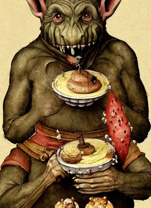 Image similar to medieval goblin eating cakes painted by hieronymus bosch, detailed digital art, trending on Artstation