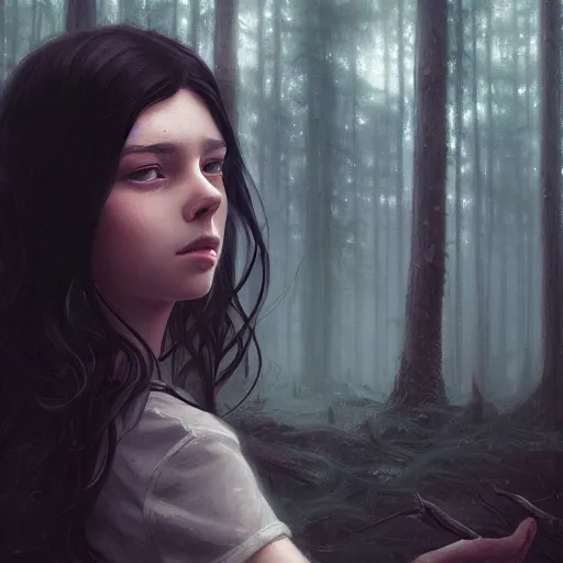 Prompt: a beautiful young woman with long black hair, forest background, sharp focus, intricate, digital painting, artstation, highly detailed, ambient lighting, illustration, art by Studio Ghibli and Greg Rutkowski