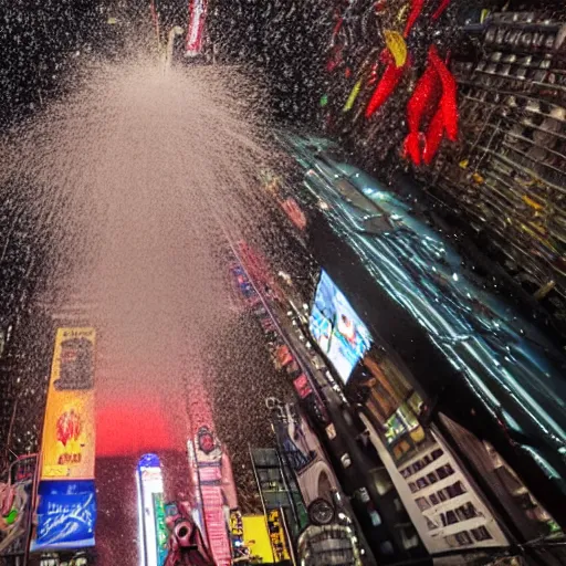 Prompt: an epic highres gopro shot of spaghetti raining down on times square