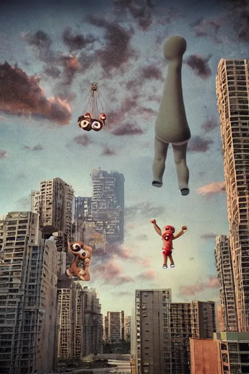 Prompt: evil human giant baby in huggies, grows up to the sky, against the backdrop of destroyed high - rise building, hauntingly surreal, horror, 3 d, 8 k, render, art by fred eric heyman