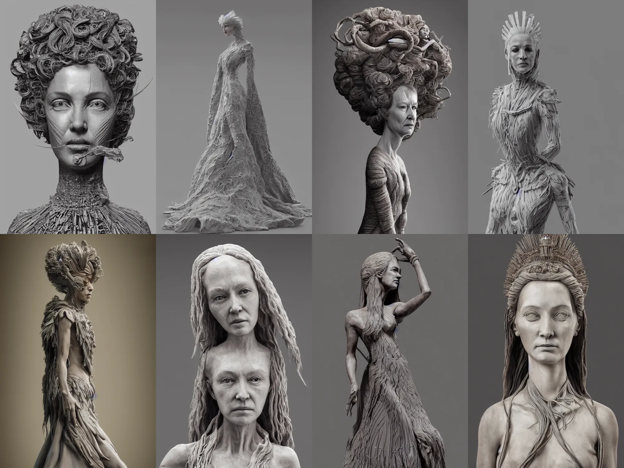 Prompt: a sculpture of queen with long hairs and a dress made in wood, light grey background, art by James Jean and Wayne Barlowe, high detail, cinematic, cgsociety 8k