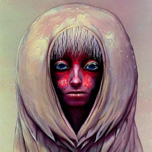 Prompt: portrait of small, rubbery, huge-eyed, big-lipped albino mutant priestess with elaborate white hair by Anato Finnstark, Beksinski, and Studio Ghibli