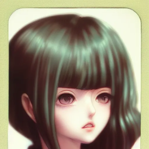 Image similar to beautiful young girl, curly green hair, polaroid, Ilya Kuvshinov, Range Murata