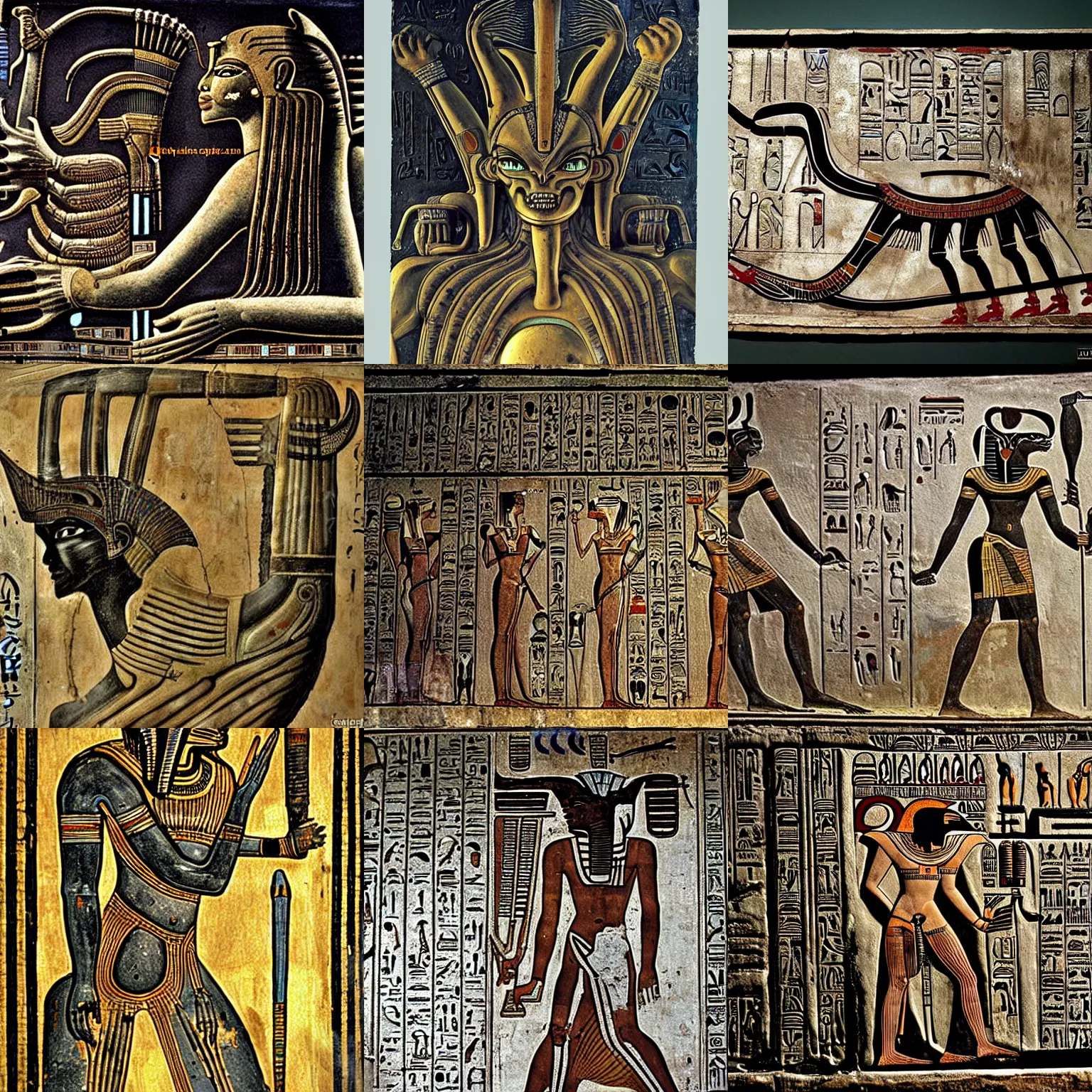 Prompt: ancient egyptian art of [ xenomorph by giger ] from alien movie, as egyptian mural