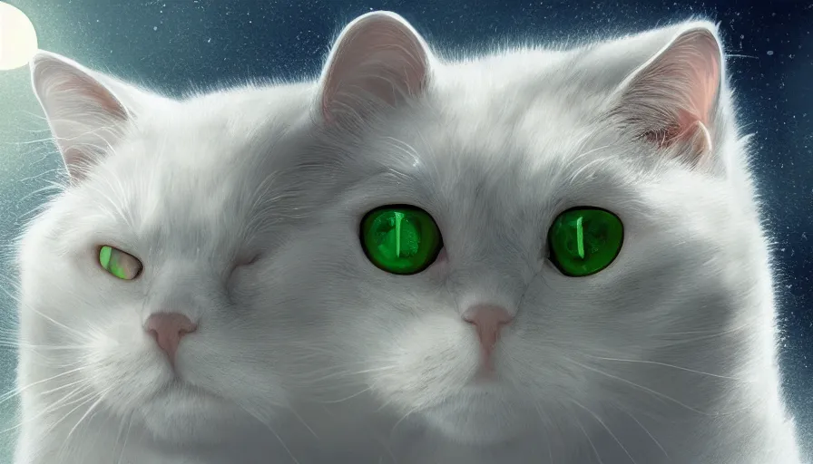 Image similar to white cat with green eyes, moon, snow, shiny, hyperdetailed, artstation, cgsociety, 8 k