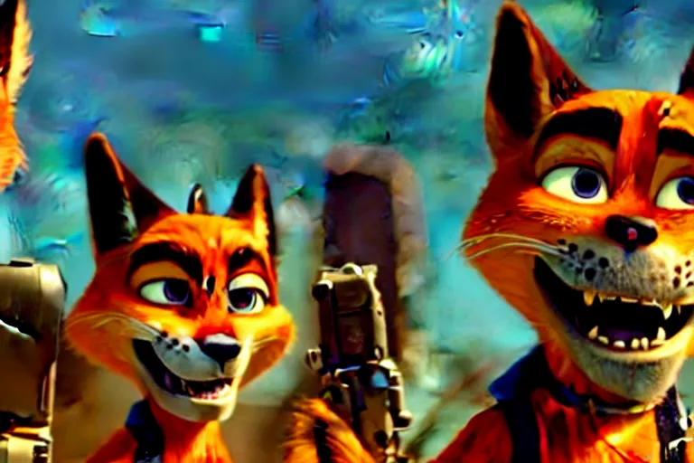 Image similar to nick wilde, heavily armed and armored facing down armageddon in a dark and gritty reboot from the makers of mad max : fury road : witness me