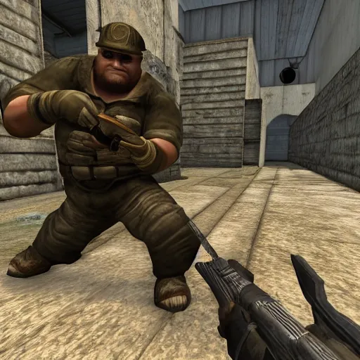 Image similar to a screenshot of a pudge inside a counter strike game, the pudge is holding a hook, the pudge is aiming at ogre magi