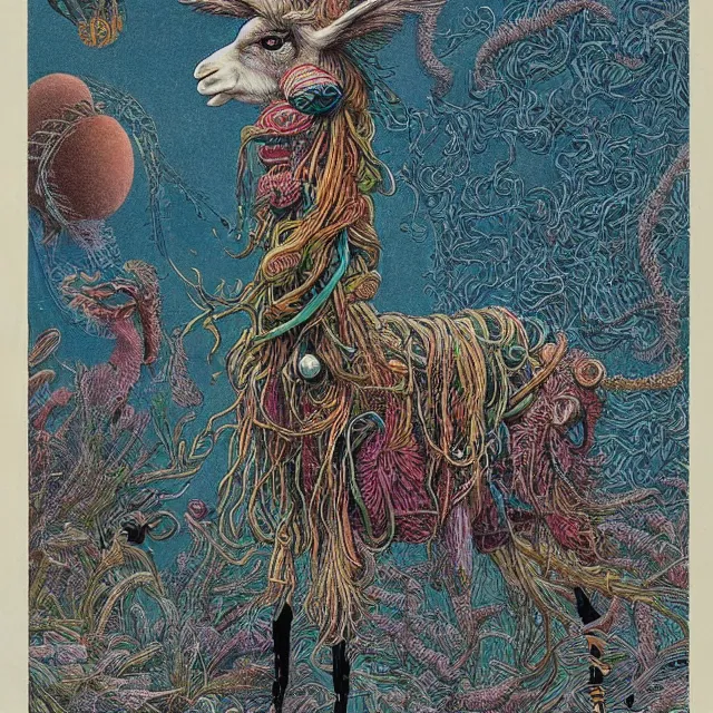 Image similar to llama with dreadlocks, beautiful colors, by otomo katsuhiro, ernst haeckel, james jean