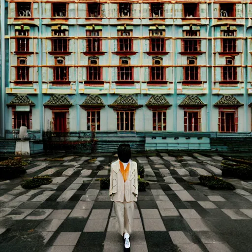 Image similar to Symmetric Wes Anderson film style in ShangHai , sharp focus , wideshot