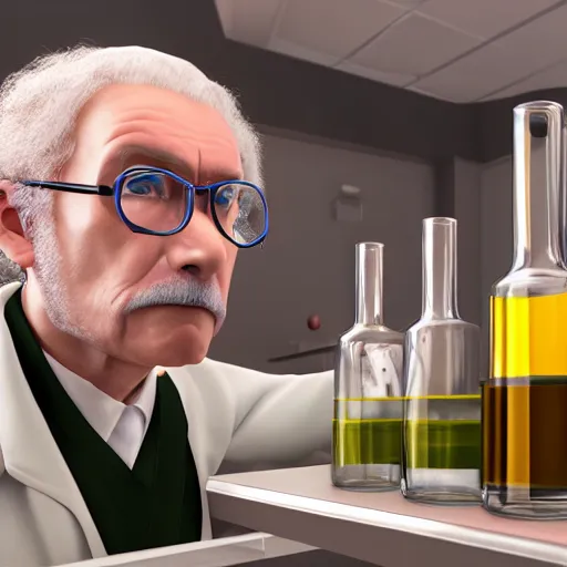 Image similar to an old wizard who is mixing bottles of colored liquids in laboratory, photorealistic, cinematic lighting, highly detailed