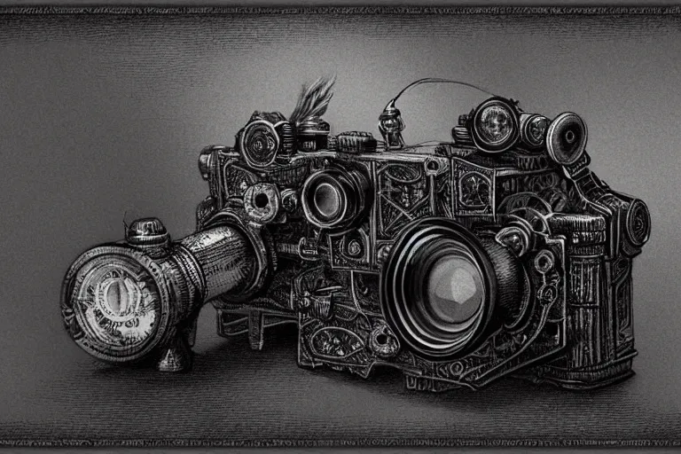 Image similar to a steampunk camera film by gustave dore, trending on artstation