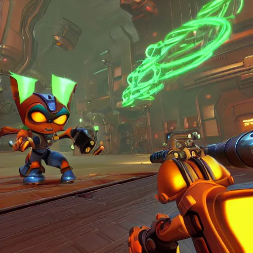 Image similar to ratchet & clank in the style of DOOM 1993 Game