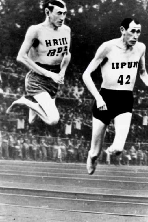 Image similar to Louis zamperini races against emperor Hirohito in the 400 meter,in the style of laurel and hardie