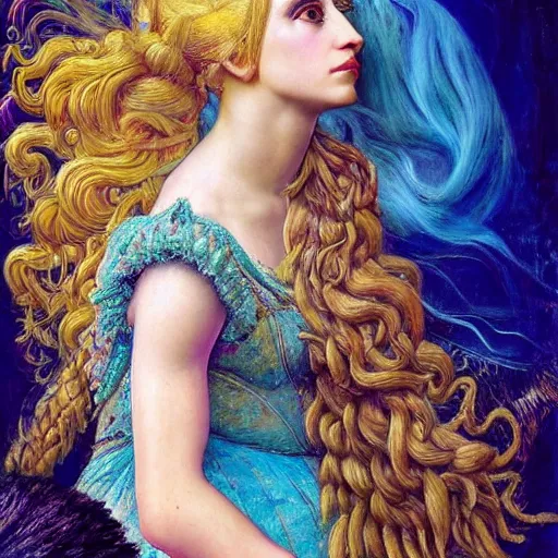 Image similar to intricate detail, hyper detail, gaston bussiere, sandro botticelli style photoshoot, lady gaga, artpop act ii album, with neon aqua rapunzel dreadlocks, detailed, masterpiece, sharp focus,