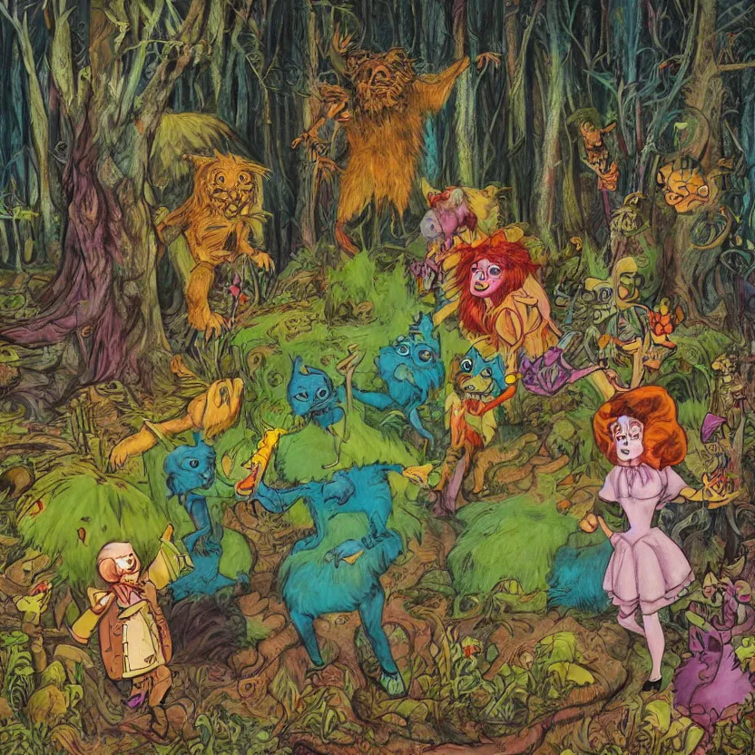 Image similar to a scene of 3 colorful cartoon monsters in the clearing of a dark fantasy forest surrounded by darkness. hyperrealist illustration. muted colors. 1 9 7 0's pulp science fiction and fantasy cartoon for alice in wonderland and wizard of oz. highly detailed and richly colored painting by don ivan punchatz