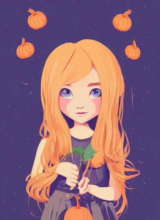 Image similar to little girl with long blonde hair holding a pumpkin. bats in the background. clean cel shaded vector art. shutterstock. behance hd by lois van baarle, artgerm, helen huang, by makoto shinkai and ilya kuvshinov, rossdraws, illustration, art by ilya kuvshinov