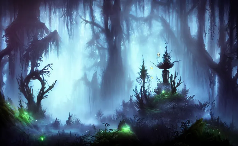 Prompt: dark ominous mysterious ambient magical forest landscape painting, fantasy, dreamlike, foggy, romantic, in the style of Ori and the Blind Forest