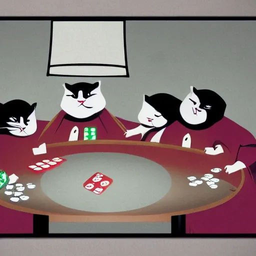 Prompt: fat mobster cats gambling at a table with a single light overhead, smoke fills the room, chinese art style photo