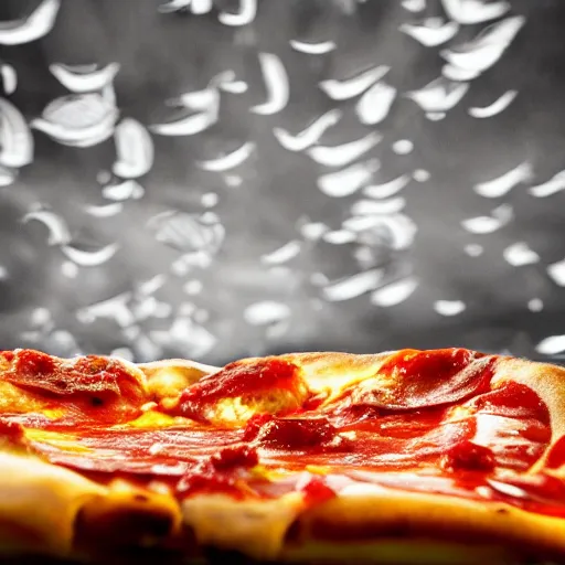 Image similar to a manta ray made of pizza flies over downtown trailing pizza sauce rain, photo, detailed, 4k