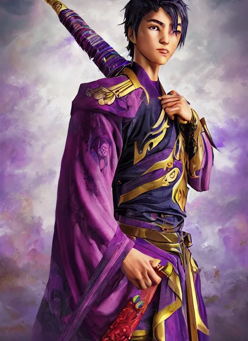 Prompt: An epic fantasy comic book style portrait painting of teenager boy with straight indigo hair, purple eyes with red eye markers, slim body, wearing a detailed Japanese kimono with golden armor pieces, holding a pair of fans. Unreal 5, DAZ, hyperrealistic, octane render, cosplay, RPG portrait, dynamic lighting