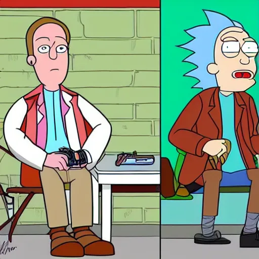 Prompt: marty and doctor brown from back to the future, in rick and morty art style, cartoonish