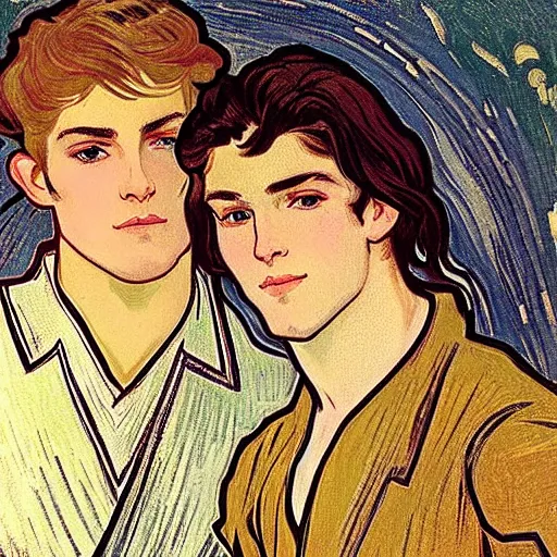 Prompt: closeup portrait of two male friends!, a young cute feminine handsome human vidar with short brown messy pompadour hair together with a young handsome beautiful delicate longhaired pale elf taehyung with long wavy dark gorgeous long hair, long hairstyle, wearing armor!, modest!, cleanshaven!, stylish armor, art by alphonse mucha, vincent van gogh