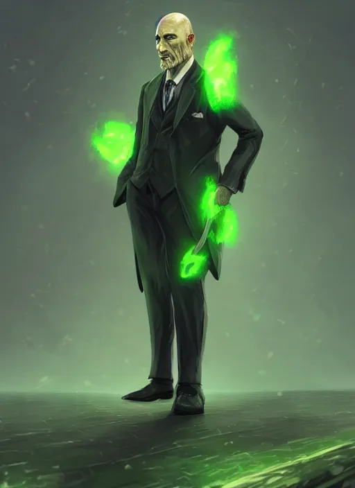 Image similar to a highly detailed illustration of bald old man wearing suit with green glowing eyes, dramatic standing pose, intricate, elegant, highly detailed, centered, digital painting, artstation, concept art, smooth, sharp focus, league of legends concept art, wlop.