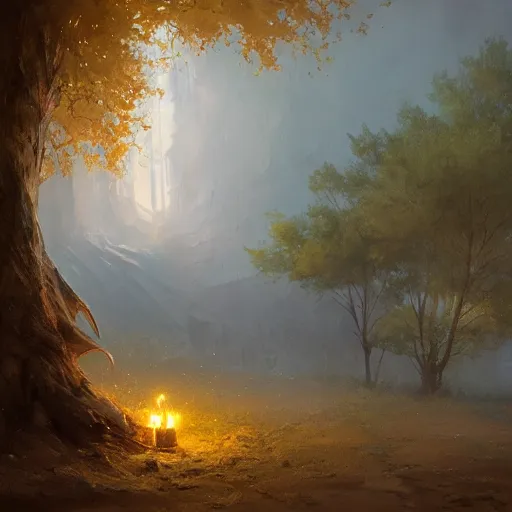 Image similar to Concept art, beautiful painting of a gingko tree, shining its light among candles, 8k, james gurney, greg rutkowski, john howe, artstation