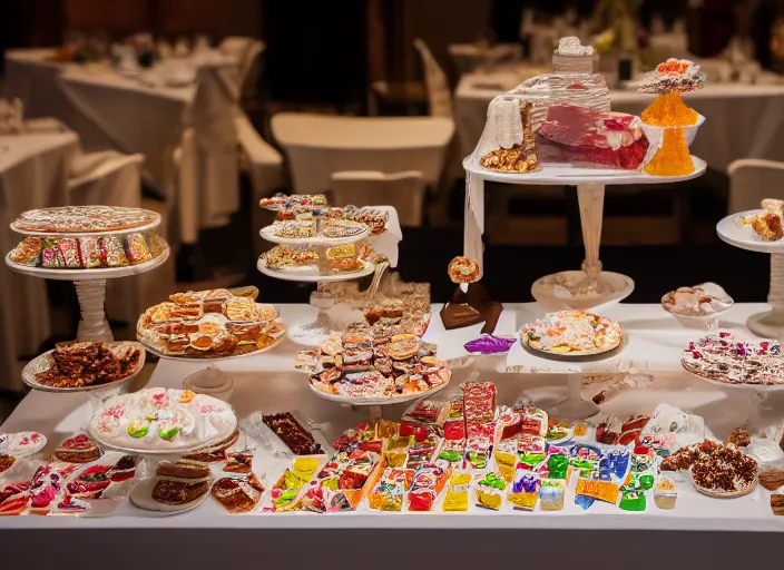 Image similar to a table with a white map full of sweets and bite sized deserts. highly detailed 8 k. intricate. nikon d 8 5 0 3 0 0 mm. award winning photography.