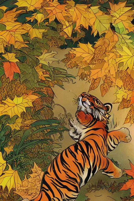 Image similar to a highly detailed cartoon cute tiger flapping a fan under sun, autumn leaves on the ground, concise lines, ultradetailed environment, sharp focus, cinematic lighting, by alphonse maria mucha and kim jung gi