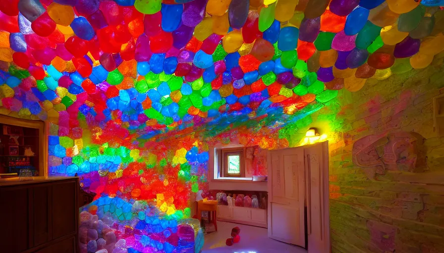 Image similar to House made of jelly beans ,god rays, incredible lighting, 4k photography award winning,