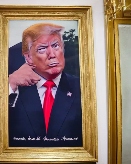 Image similar to a presidential portrait of donald trump in the style of ken currie hanging on a wall at mar - a - largo