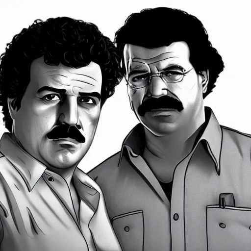 Image similar to Pablo Escobar next to Walter White 4K quality super realistic