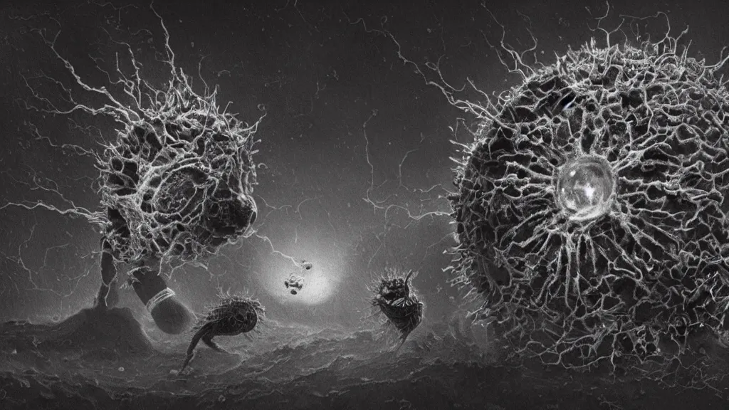 Image similar to a beautiful microscopic scientific photo of a coronavirus and a strange life form seen through an electron microscope, dark, sinister, detailed, art by Greg Rutkowski