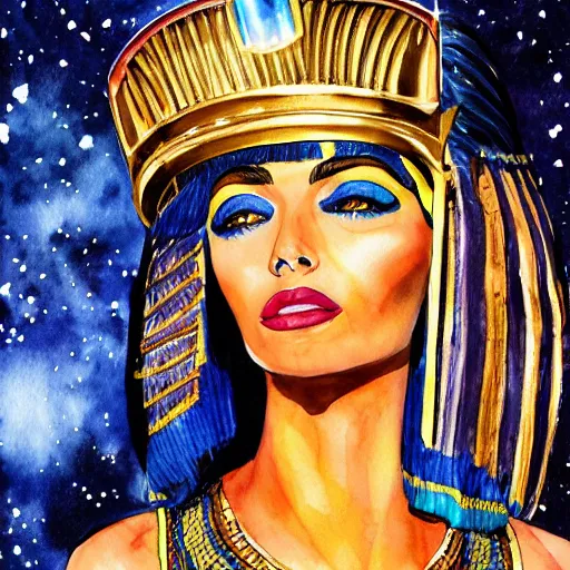 Image similar to cleopatra in space. watercolor. dramatic. amazing painting. formal. beautiful. high resolution. highly realistic. close - up. trending on artstation