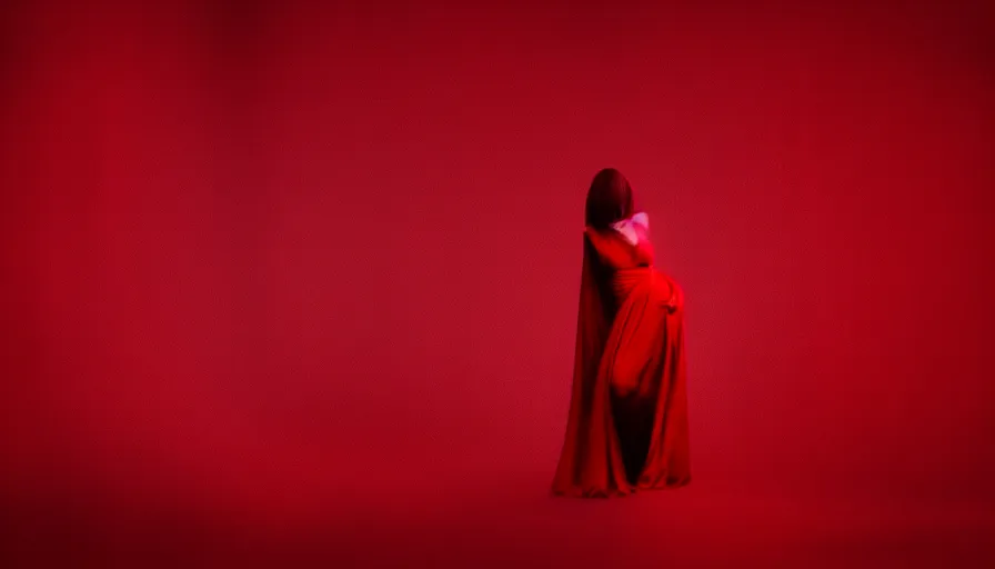 Image similar to fashion photograph of invisible figure wrapped in red sheet in darkness, high contrast, hard light, digital art, rendering, cloth simulation, redshift