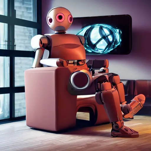 Image similar to futuristic lonely matte brown and red full-body humanoid robot with two huge round expressive sad purple glowing LED eyes and open rectangular mouth sitting on a large comfortable cushioned 1950s vintage recliner reading a newspaper. open newspaper. Cinematic Movie Photograph, Arri Alexa, Extremely Detailed, smooth, very very clean, 8K, octane render, maya render, unreal engine, trending on artstation, DSLR, excellent composition, center frame