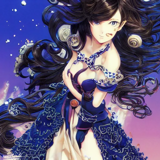 Image similar to exquisite imaginative fate manga poster of princess, long wavy hair, armor, ruffles, by shigenori soejima, minaba hideo, katsuhiro otomo, jump comics, fluorescent, illustration, artstation, dark fantastic, highly detailed, 8 k, maximalist