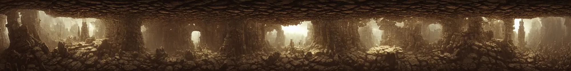 Image similar to 360 photo of fantasy dungeon with hidden monsters behind the pilars, Les Edwards, Zdzislaw Beksinski, Carl Gustav Carus, John Harris, Michal Karcz, Zhang Kechun, Mikko Lagerstedt, Scott Listfield, Steven Outram, Jessica Rossier.