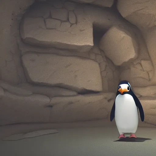 Image similar to lonely penguin playing in a cave, abandoned by its herd, cinematic lighting, 4k painting