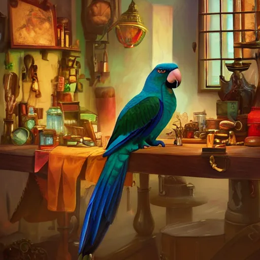 Prompt: Anthropomorphized parrot trader in his shop, medium shot, items, weapons, magic potions, trinkets, carpet, lamps, window, fancy hat, warm light, sly expression, cunning expression, cute expression, long thick shiny black beak, D&D, fantasy, cinematic lighting, highly detailed, digital painting, artstation, concept art, smooth, sharp focus, illustration, warm light, cozy warm tint, strong colours, magic the gathering artwork, volumetric lighting, 8k, art by Akihiko Yoshida, Greg Rutkowski