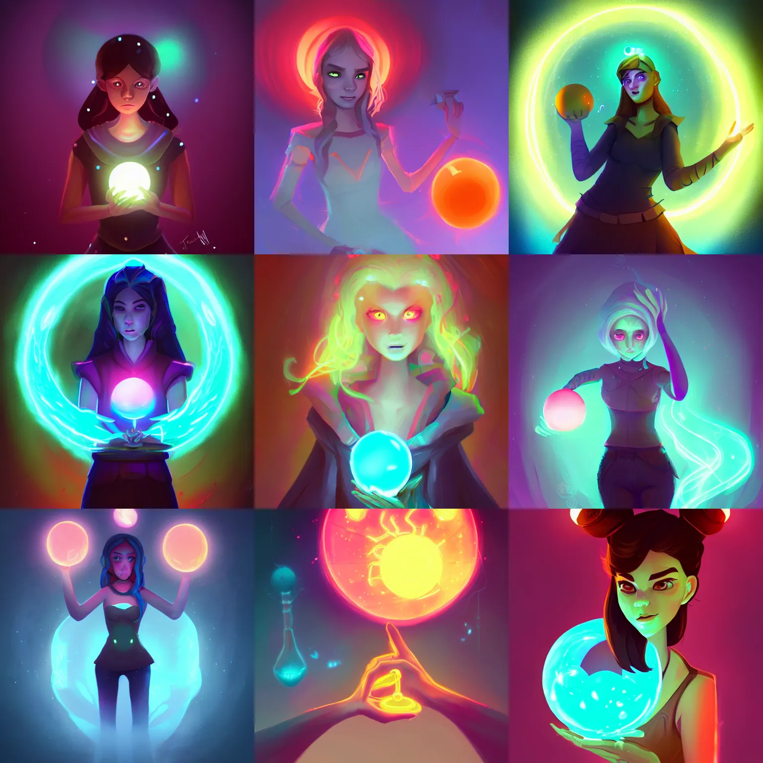 Prompt: a sorcerer holding a glowing ball in her hands, a character portrait by lois van baarle, deviantart contest winner, fantasy art, 2 d game art, glowing neon, bioluminescence