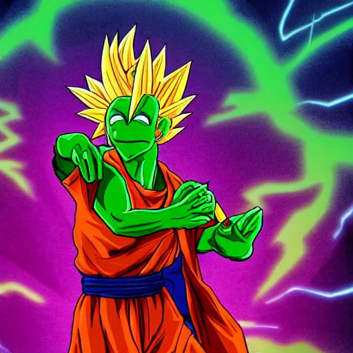 Image similar to kermit powering up to super saiyan 3, colourful, intricate, 4k, trending on artstation