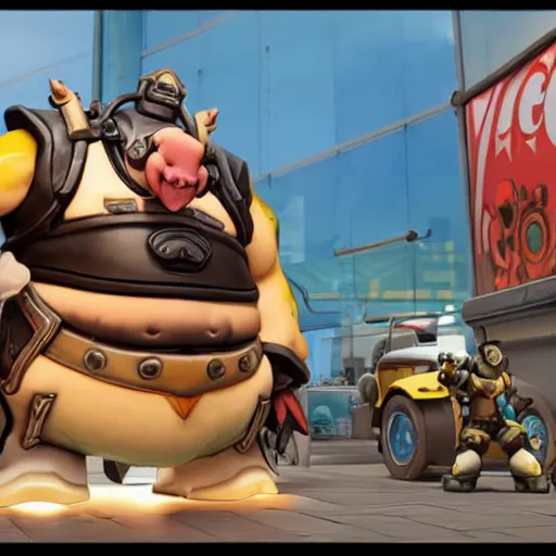 Prompt: Roadhog from Activision Blizzard’s Overwatch video game eats at McDonald’s with Obama